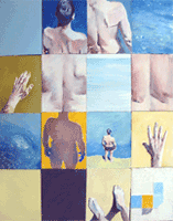 Man standing before diving Fresco on wood